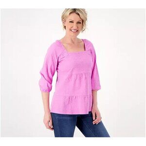 Denim & Co. Tiered Top with Elastic Neckline Dark Orchid 2X A602889